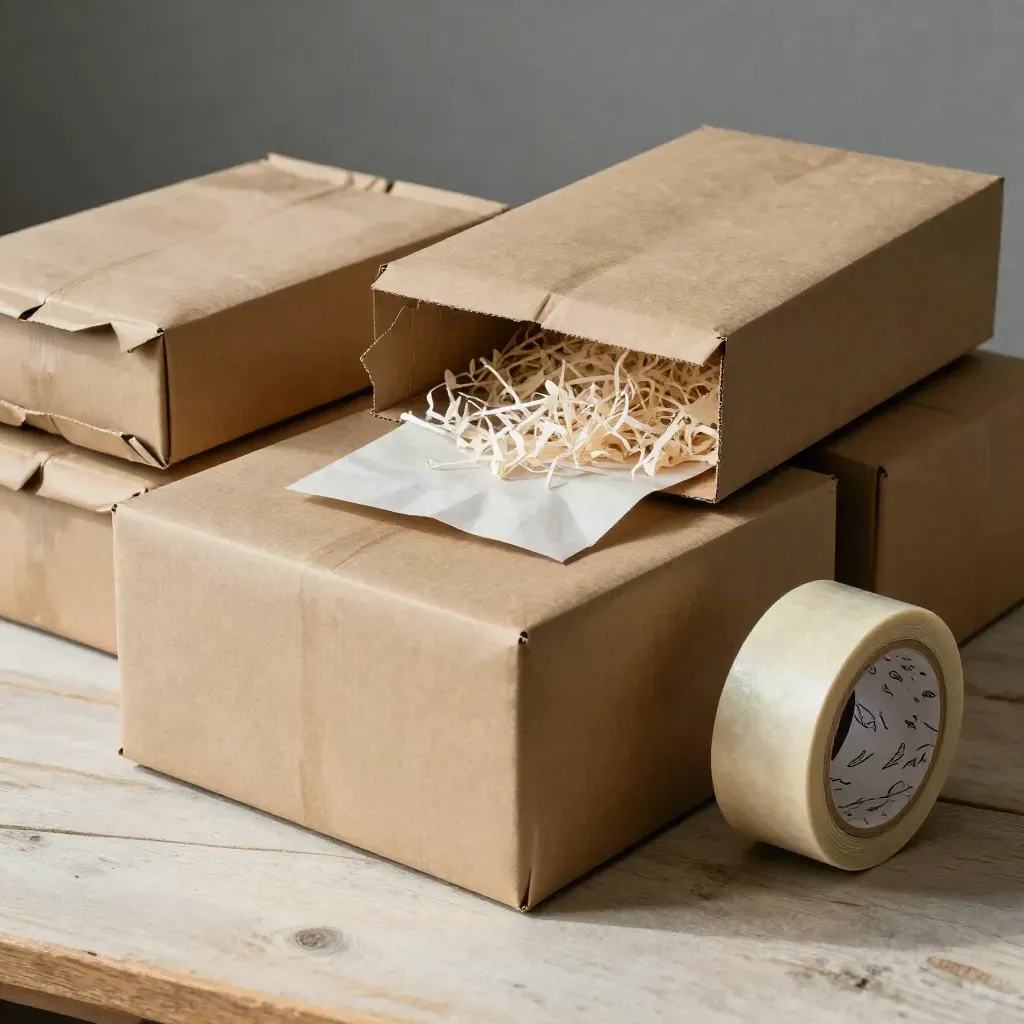 Scatole e buste kraft per spedizioni su legno chiaro, con nastro neutro e carta di riempimento.
