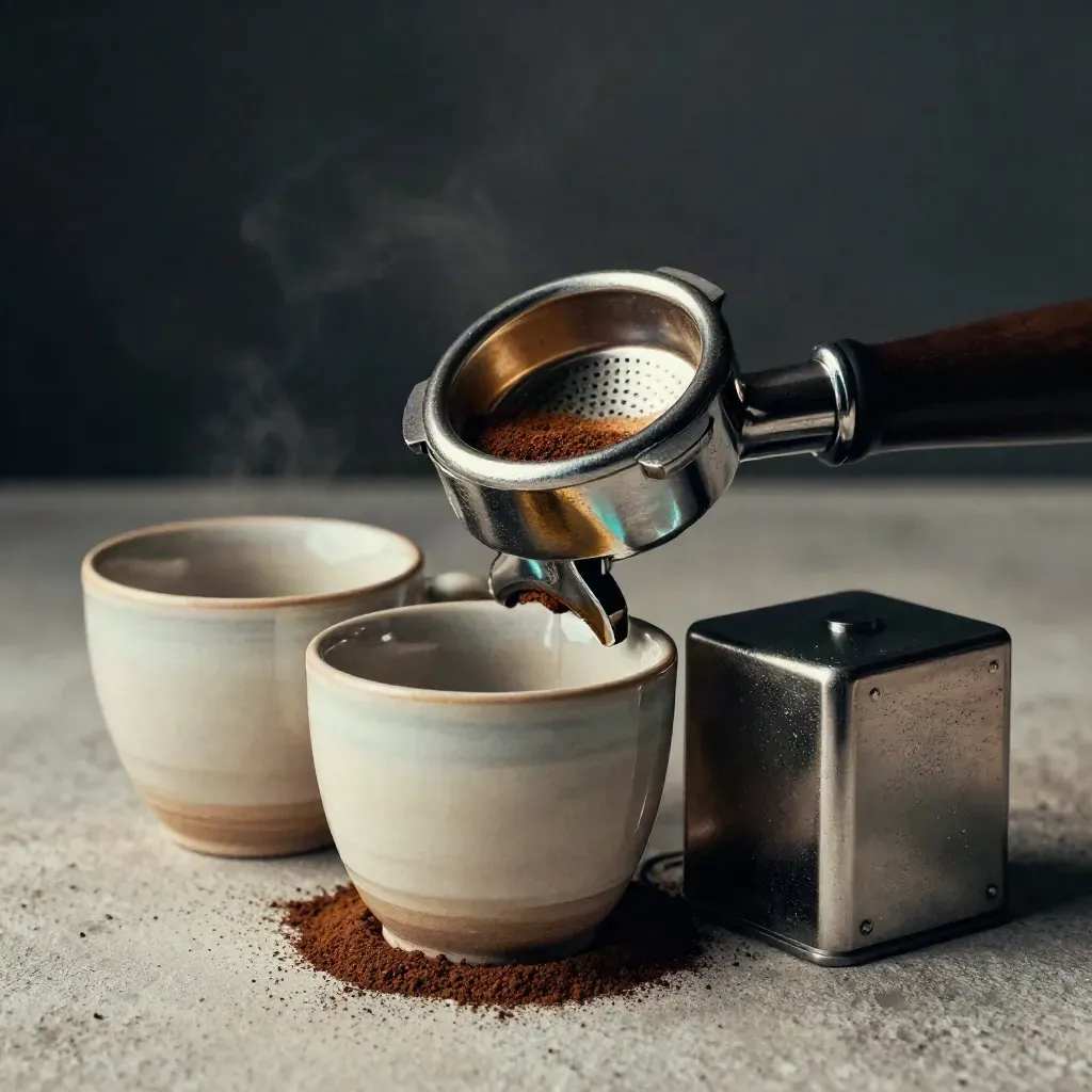 Still life di utensili da caffè: tamper, portafiltro, tazze e knock box su cemento chiaro.
