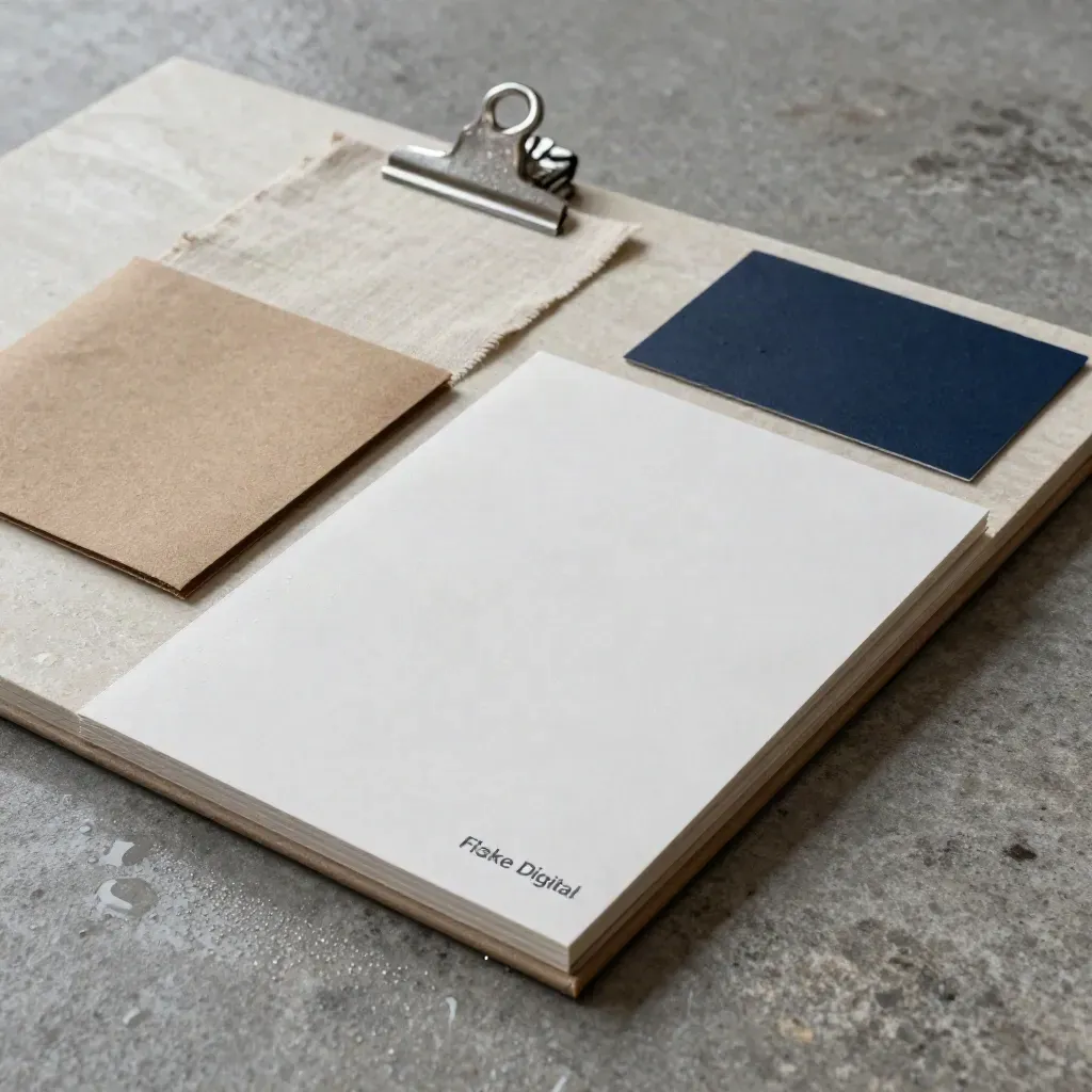 Board premium su pietra con campioni carta, clip metalliche, lino e cartella blu notte.