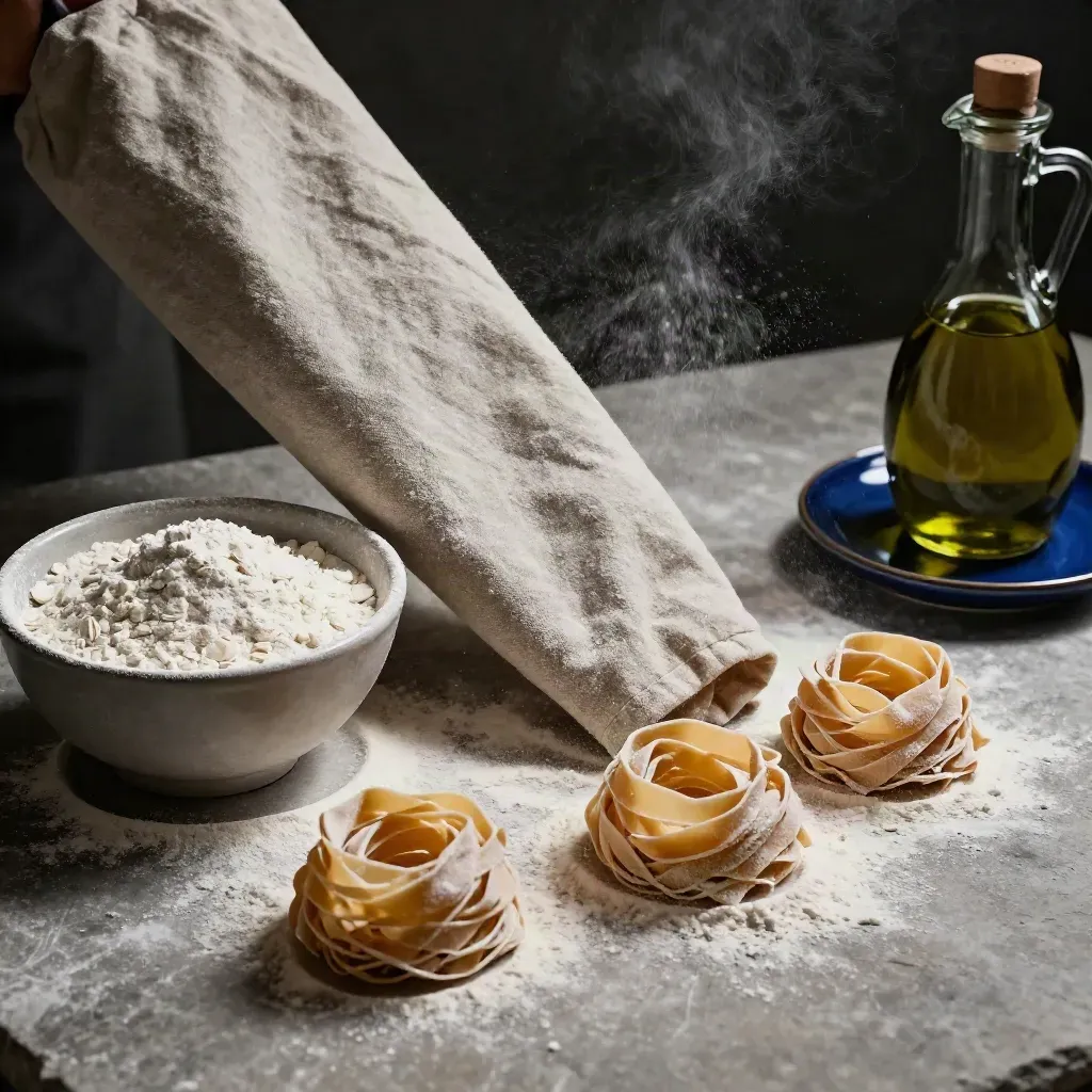 Tovaglia di lino, ciotola di farina, nidi di pasta cruda e oliera scura su pietra chiara.