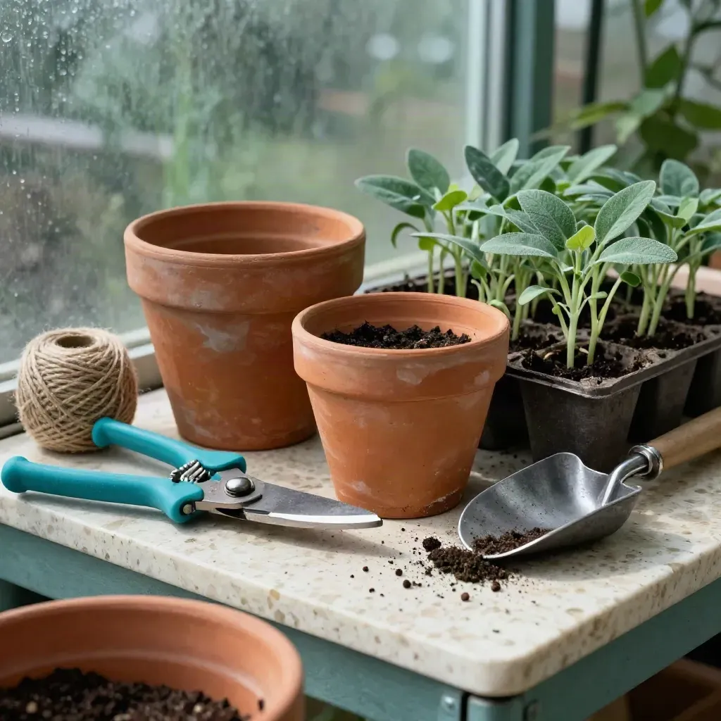 Attrezzi da giardinaggio e vaso in terracotta su banco da rinvaso con piantine e terriccio.