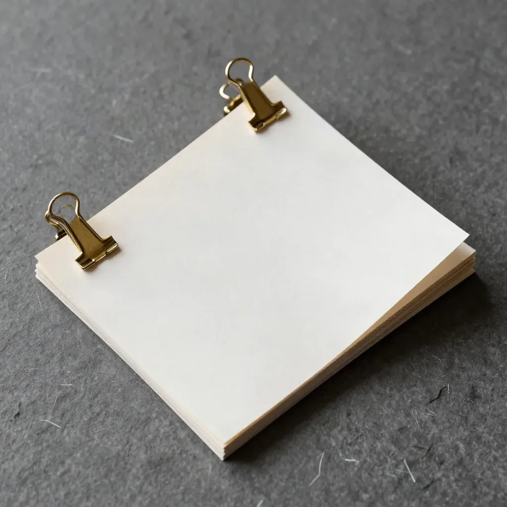 Board di presentazione die-cut con clip in ottone e angolo di carta piegato su pietra grigia.