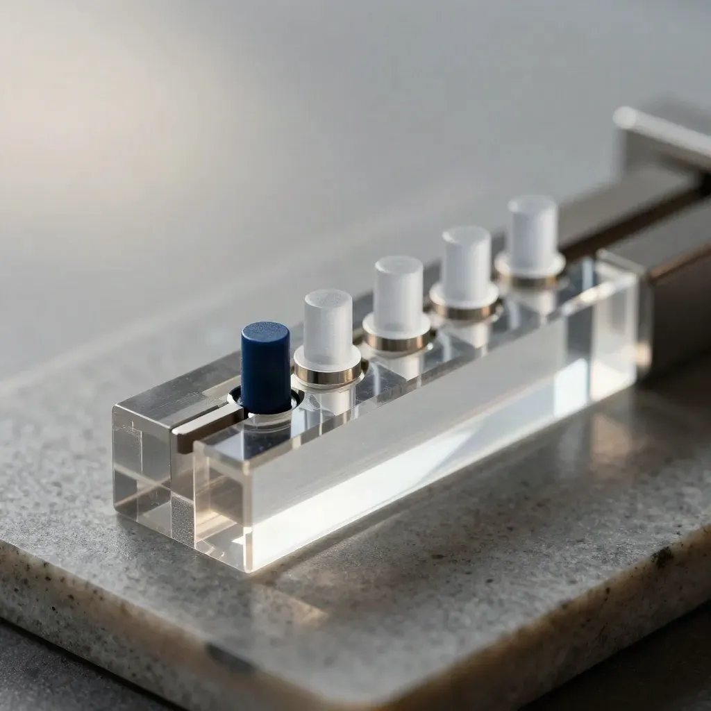 Blocchi acrilici e pin modulari allineati in macro su superficie neutra, accento blu notte.