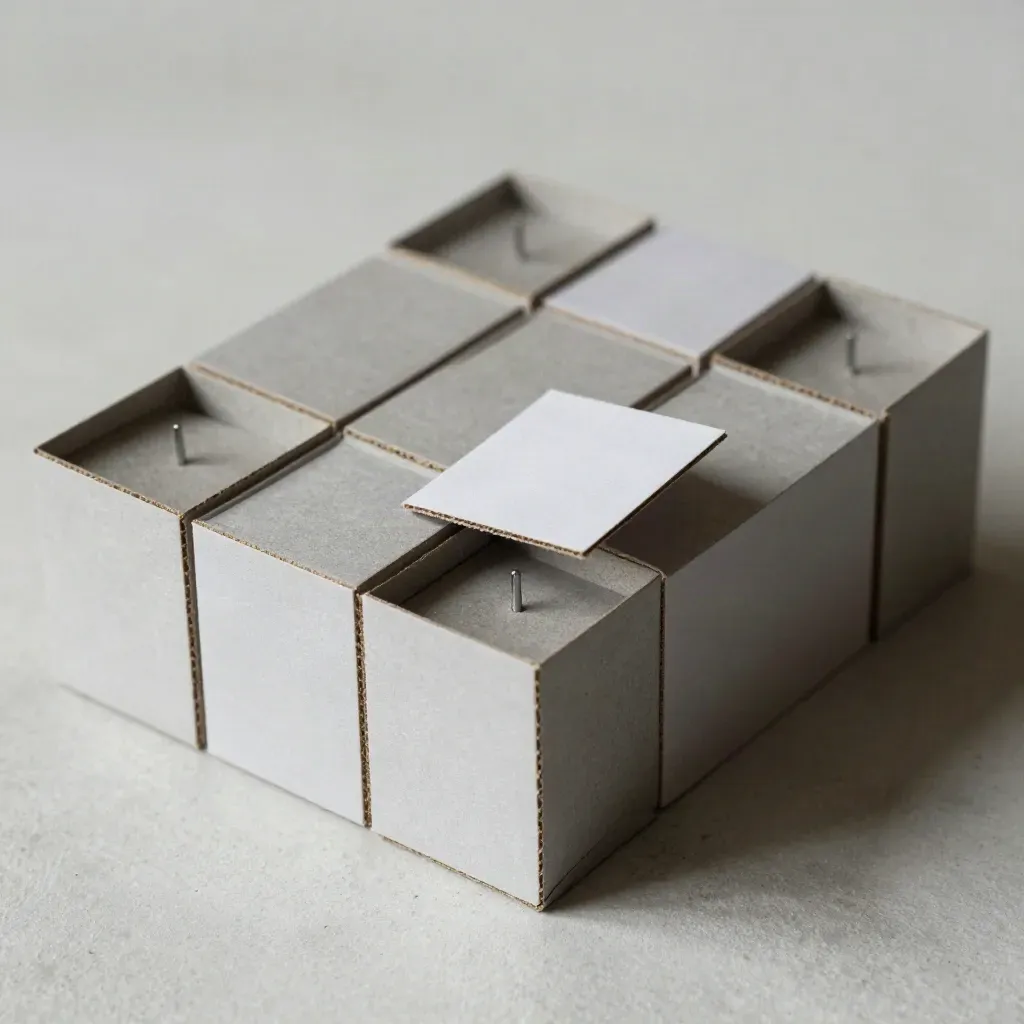 Cubi in cartone modulari con perni magnetici su intonaco chiaro, luce radente